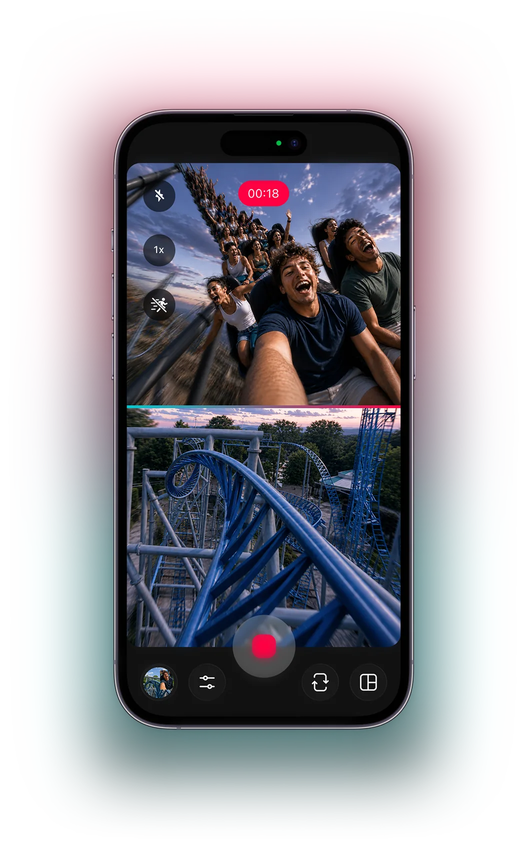 Tango recording a rollercoaster ride: the riders’ faces on the top half of the screen, the track on the bottom half